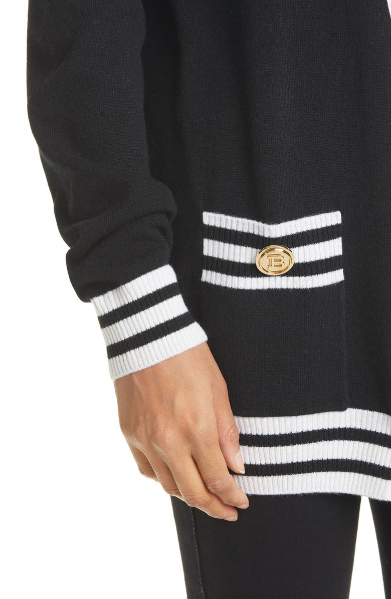 Balmain Logo Stripe Trim Wool Blend Cardigan, Alternate, color, 