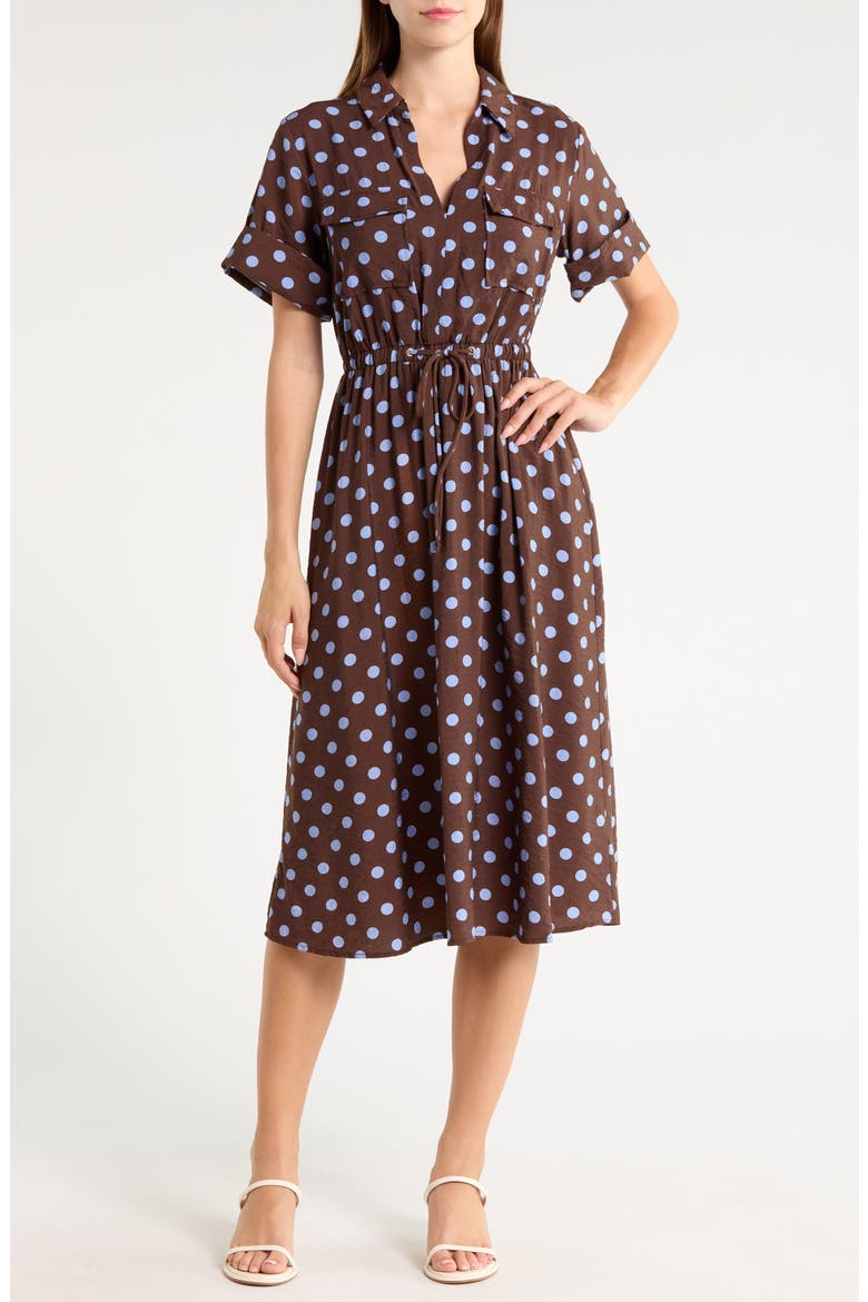 Polka Dot Short Sleeve A-Line Shirtdress, Main, color, BRON/ BLUE
