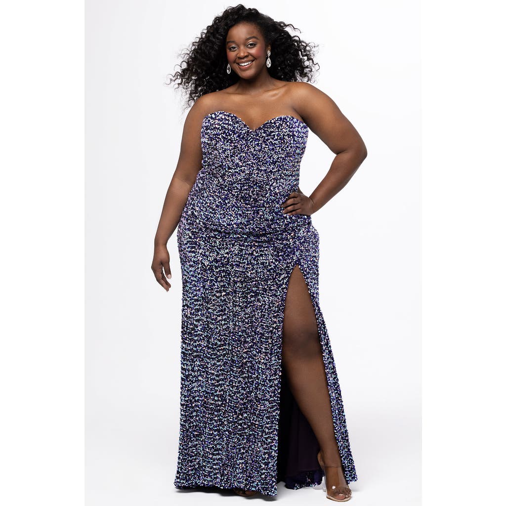Sydney's Closet Multi Sequin Velvet Fitted Prom Dress In Purple