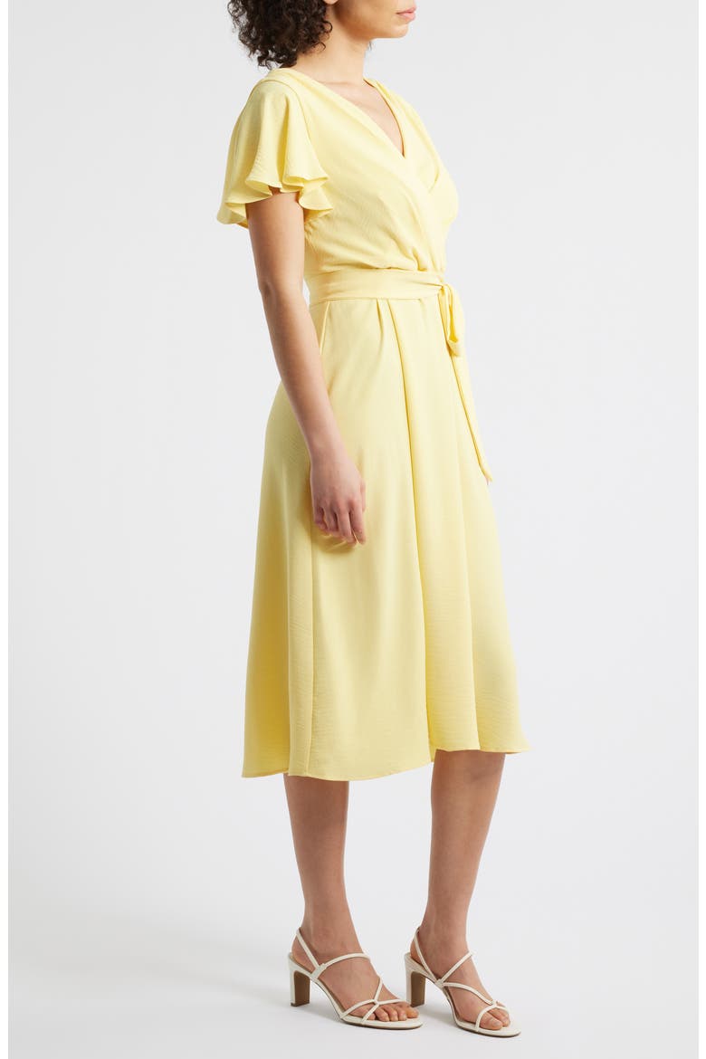 Flutter Sleeve Tie Waist Crepe Midi Dress, Alternate, color, LEMON