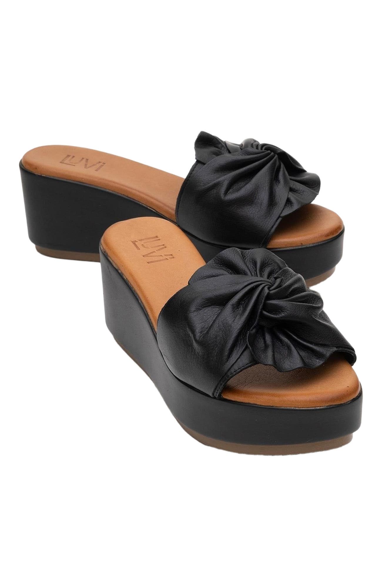 Forever & Always Shoes Syndra Bow Wedge Leather Sandal, Alternate, color, Black Leather