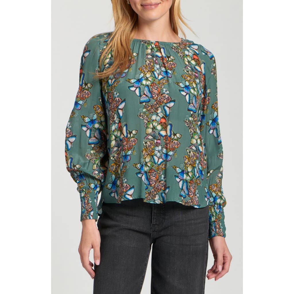 Apny Printed Smocked Cuff Top In Multi