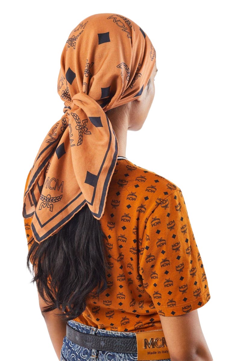 MCM Monogram Print Bandana Scarf, Alternate, color, Cognac