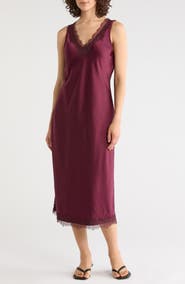 NORDSTROM RACK Lace Trim Satin Midi Dress