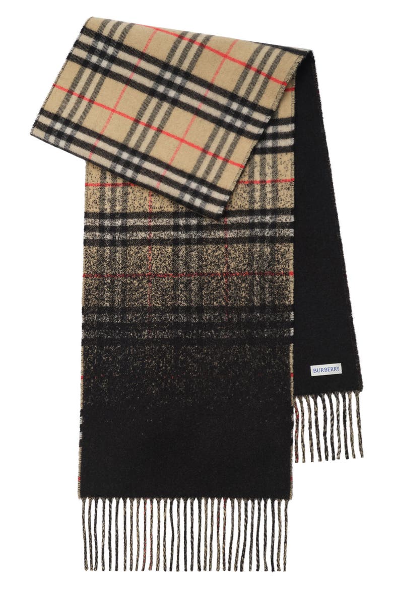 Gradient Check Jacquard Double Face Cashmere Fringe Scarf, Alternate, color, SAND