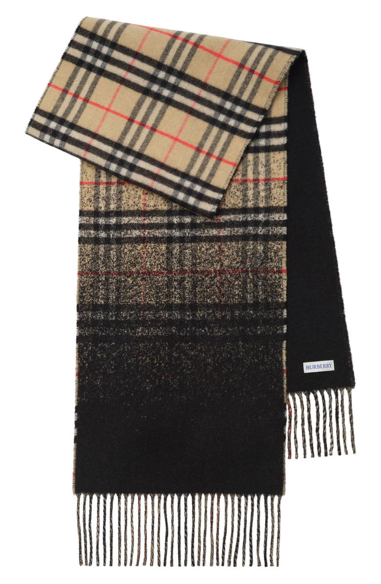 Burberry Gradient Check Jacquard Double Face Cashmere Fringe Scarf, Alternate, color, Sand