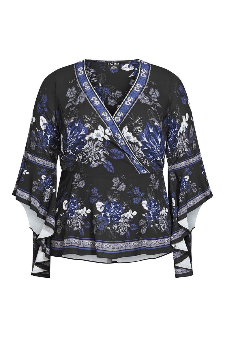 Ashley Floral Surplice Bell Sleeve Top, Alternate, color, BLACK EPIC BORDER