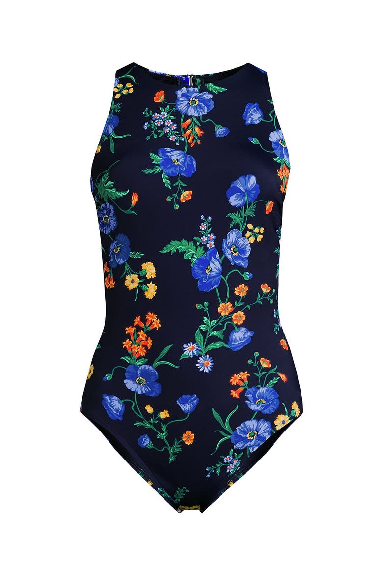 Long Tugless High Neck Portrait Back One Piece Swimsuit, Alternate, color, Navy/Tossed Poppy Floral