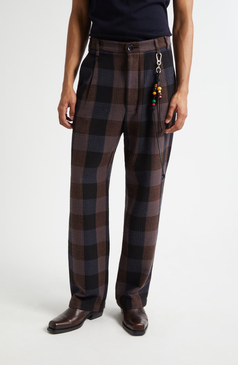 SONG FOR THE MUTE Pleated Plaid Loose Fit Pants, Main, color, Black