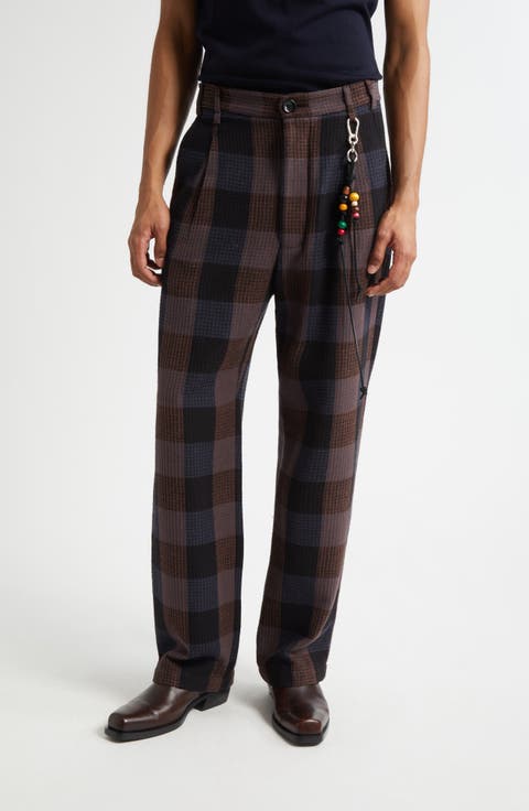 Pleated Plaid Loose Fit Pants