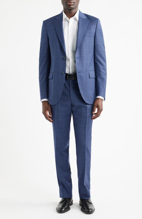 Flynn Classic Fit Medium Blue Windowpane Check Wool Suit (Regular & Big)