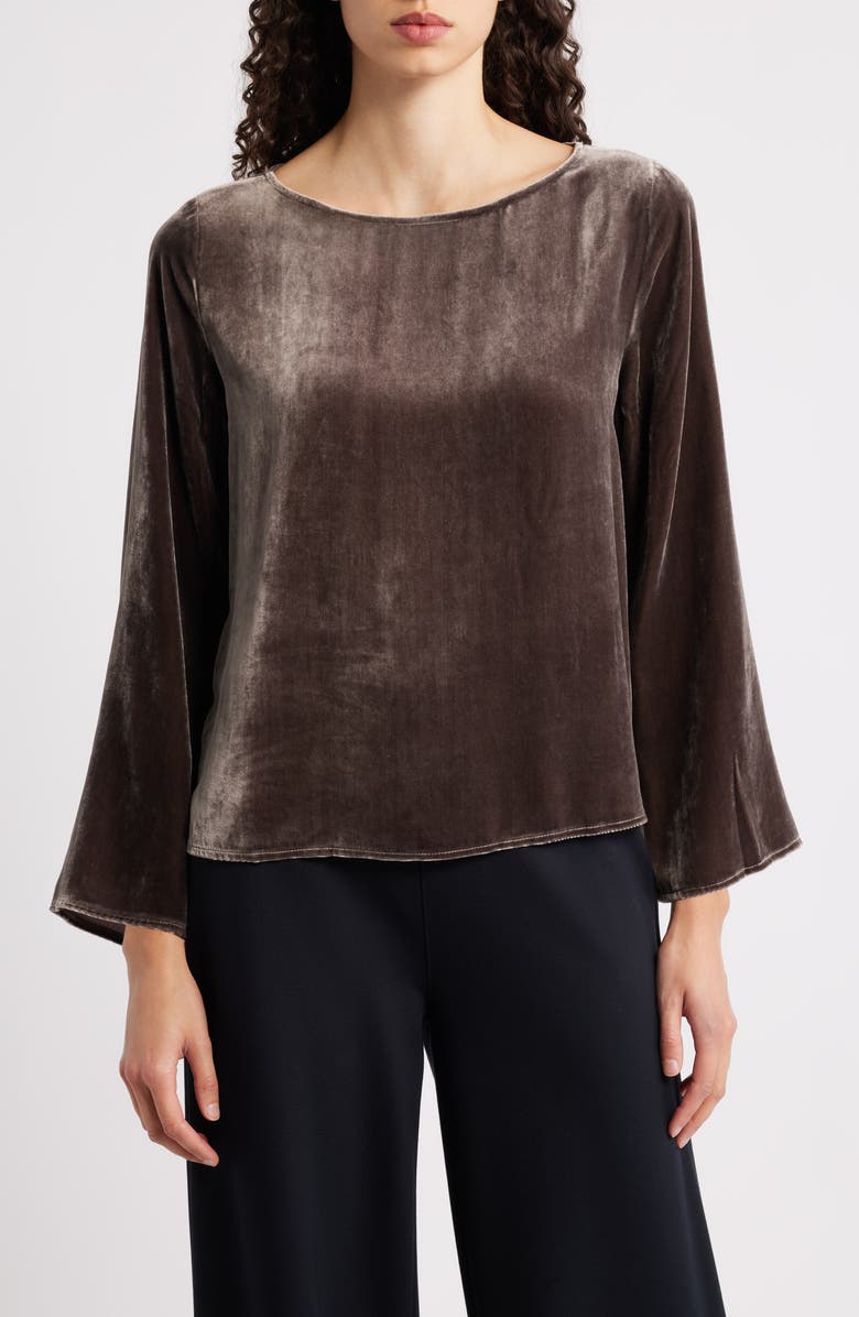 Eileen Fisher Ballet Neck Flare Sleeve Velvet Top, Main, color, Rye