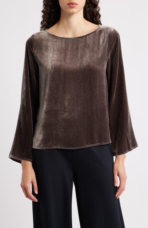 Ballet Neck Flare Sleeve Velvet Top