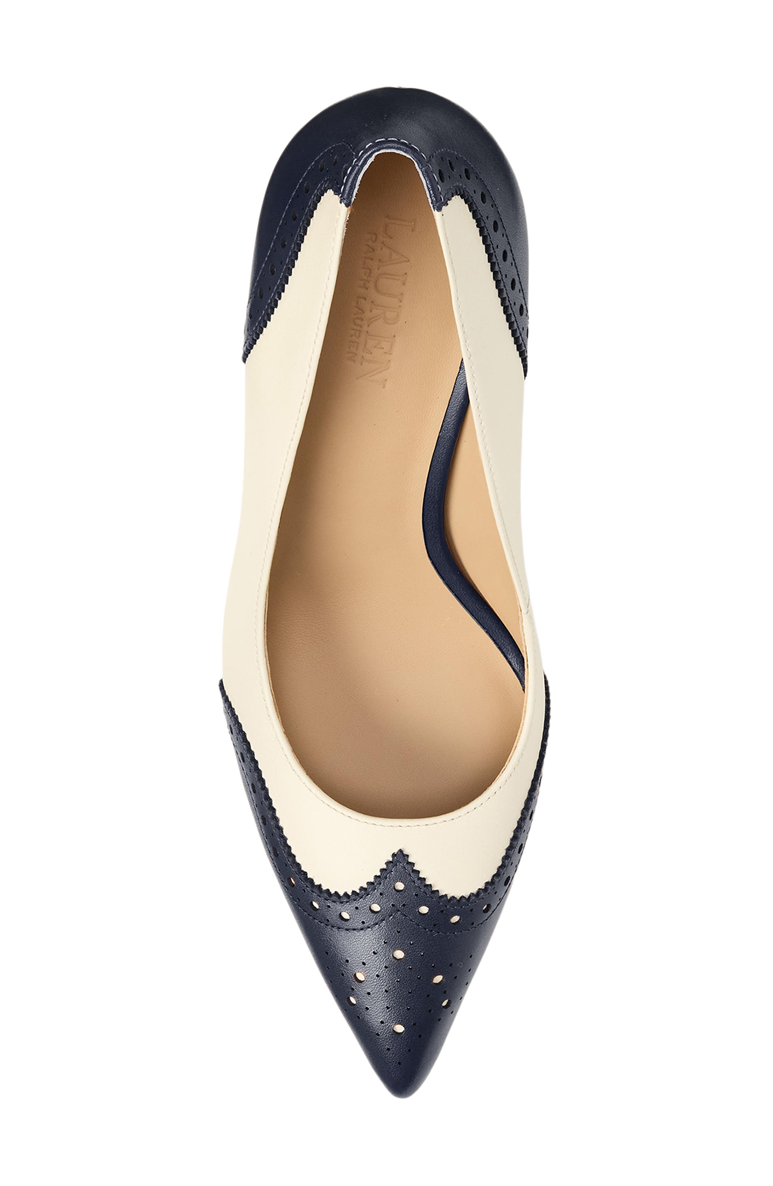Ralph Lauren Lynden Perforated Pointed Toe Pump, Alternate, color, Vanilla/ Refined Navy