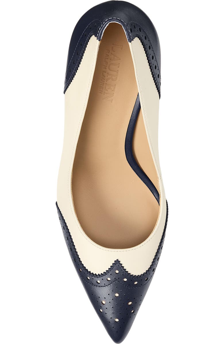 Ralph Lauren Lynden Perforated Pointed Toe Pump, Alternate, color, Vanilla/ Refined Navy