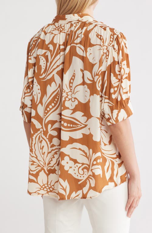 T Tahari Airflow Short Sleeve Button-up Shirt In Toffee/ivory Floral Print