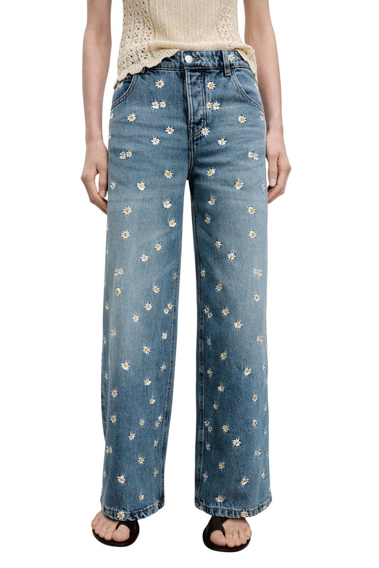Massy Daisy Embroidered Wide Leg Jeans, Main, color, MEDIUM BLUE