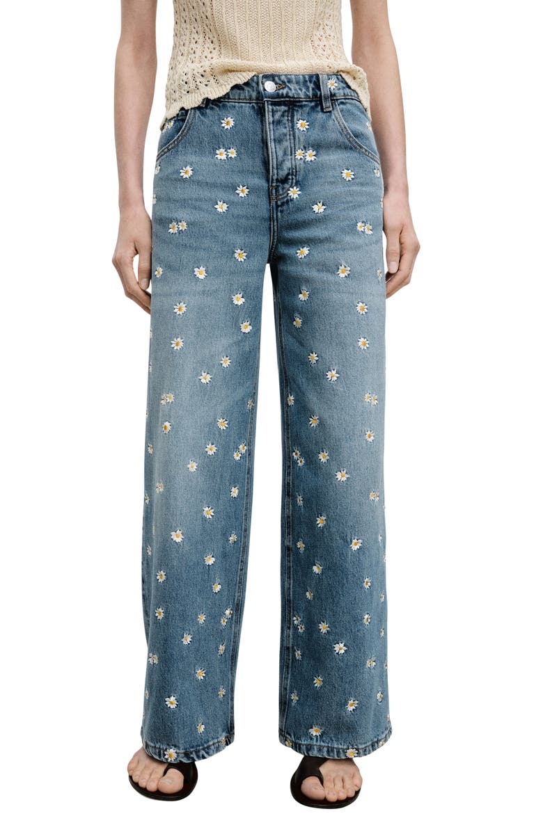 MANGO Massy Daisy Embroidered Wide Leg Jeans, Main, color, Medium Blue
