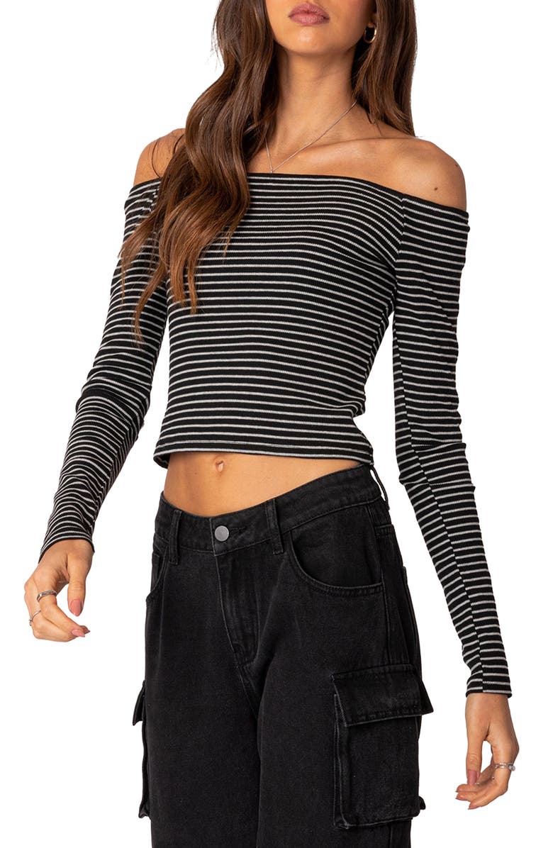 EDIKTED Canary Stripe Off the Shoulder Rib Crop Top, Alternate, color, Black