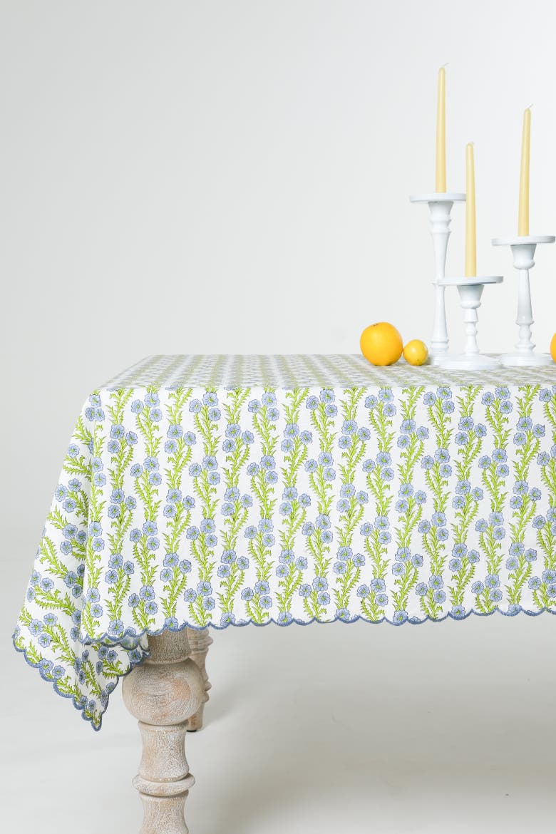 Forget-Me-Not Scallop Embroidered Blockprint Tablecloth, Main, color, 70x120