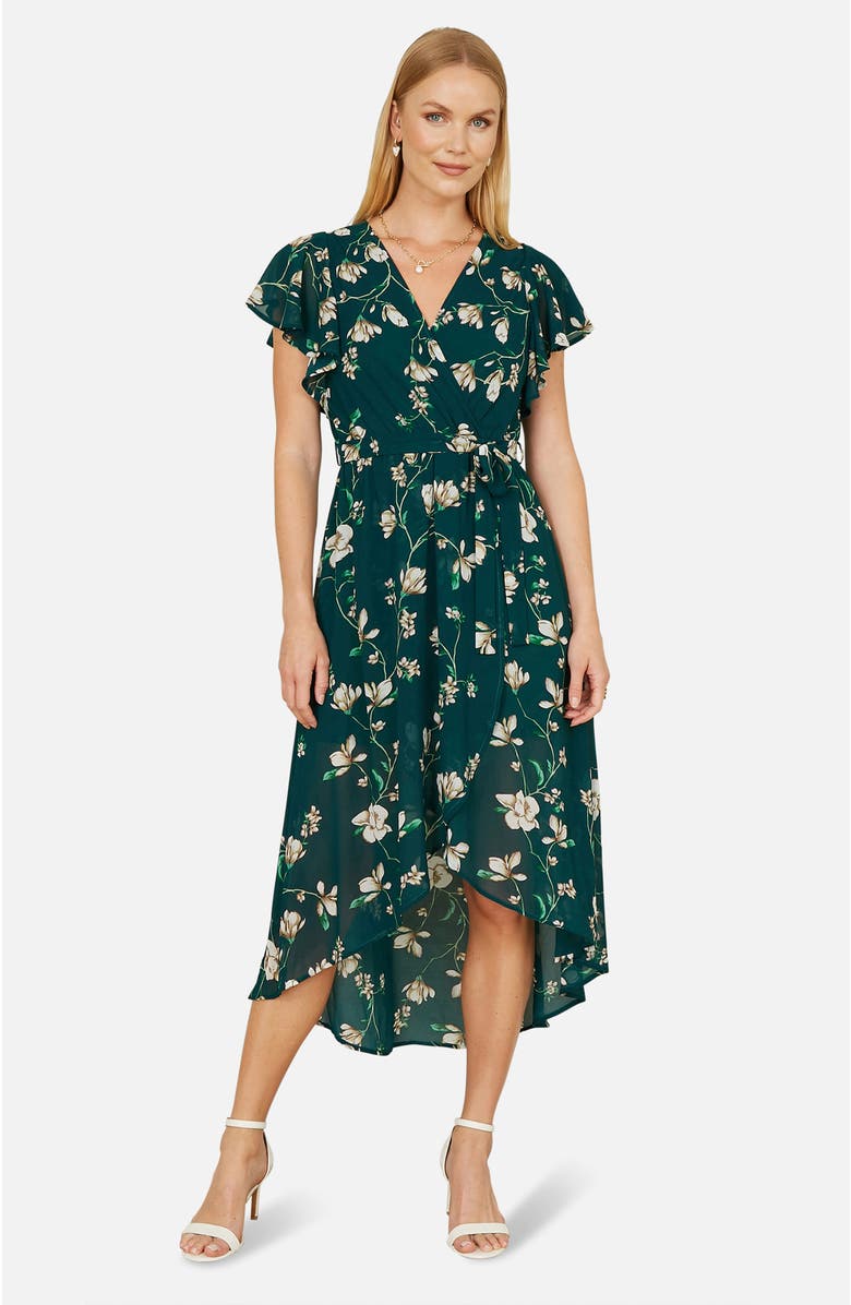 Yumi Floral Frill Hem Wrap Midi Dress, Main, color, Green