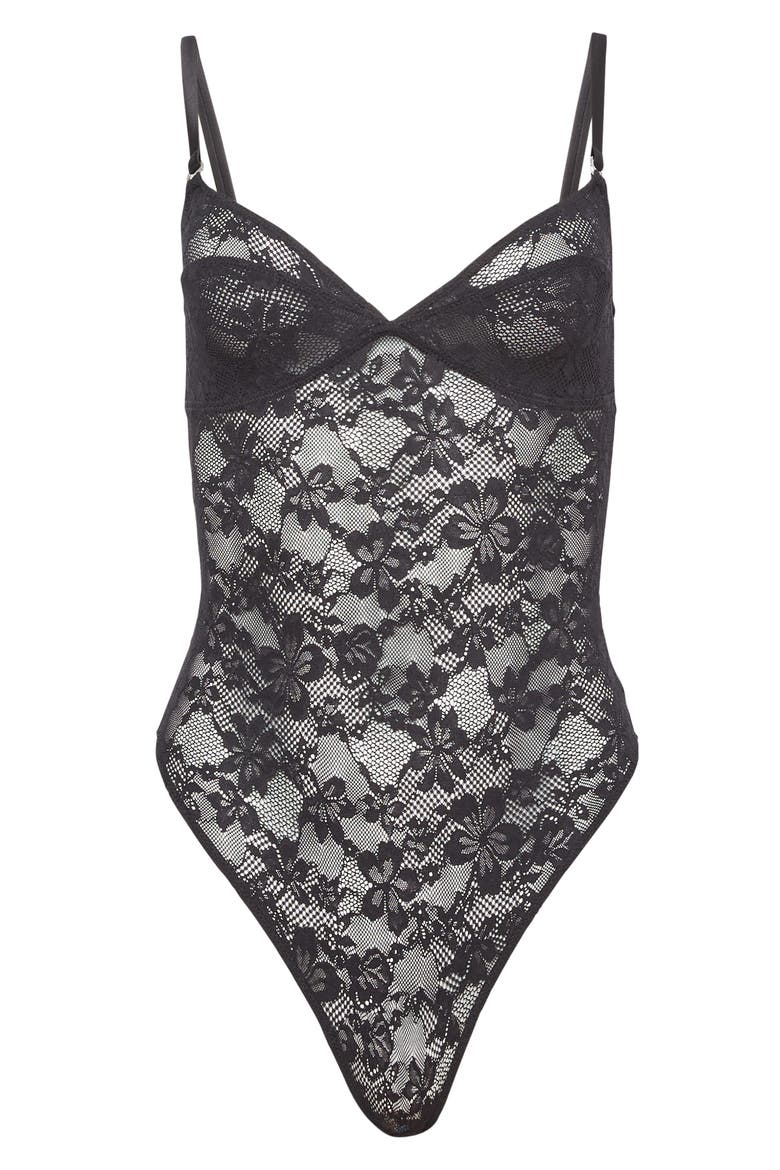 Le Stretch Lace Bodysuit, Main, color, BLACK