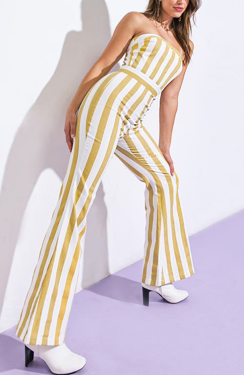Flying Tomato Striped Strapless Jumpsuit In Brown