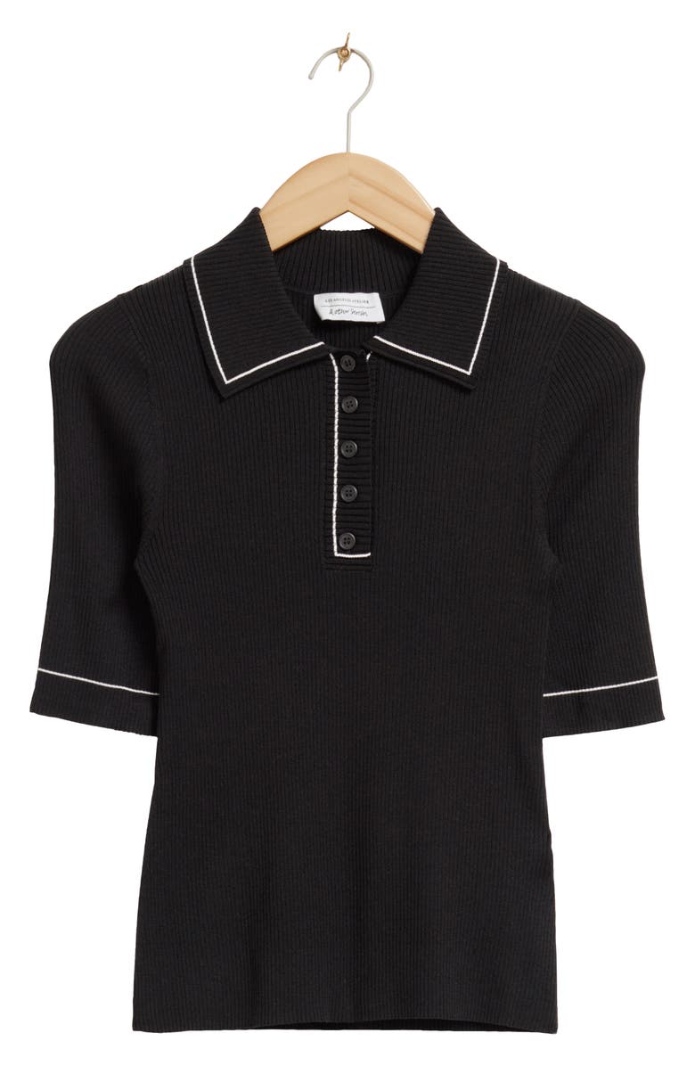 & Other Stories Contrast Trim Rib Polo Sweater, Alternate, color, Black