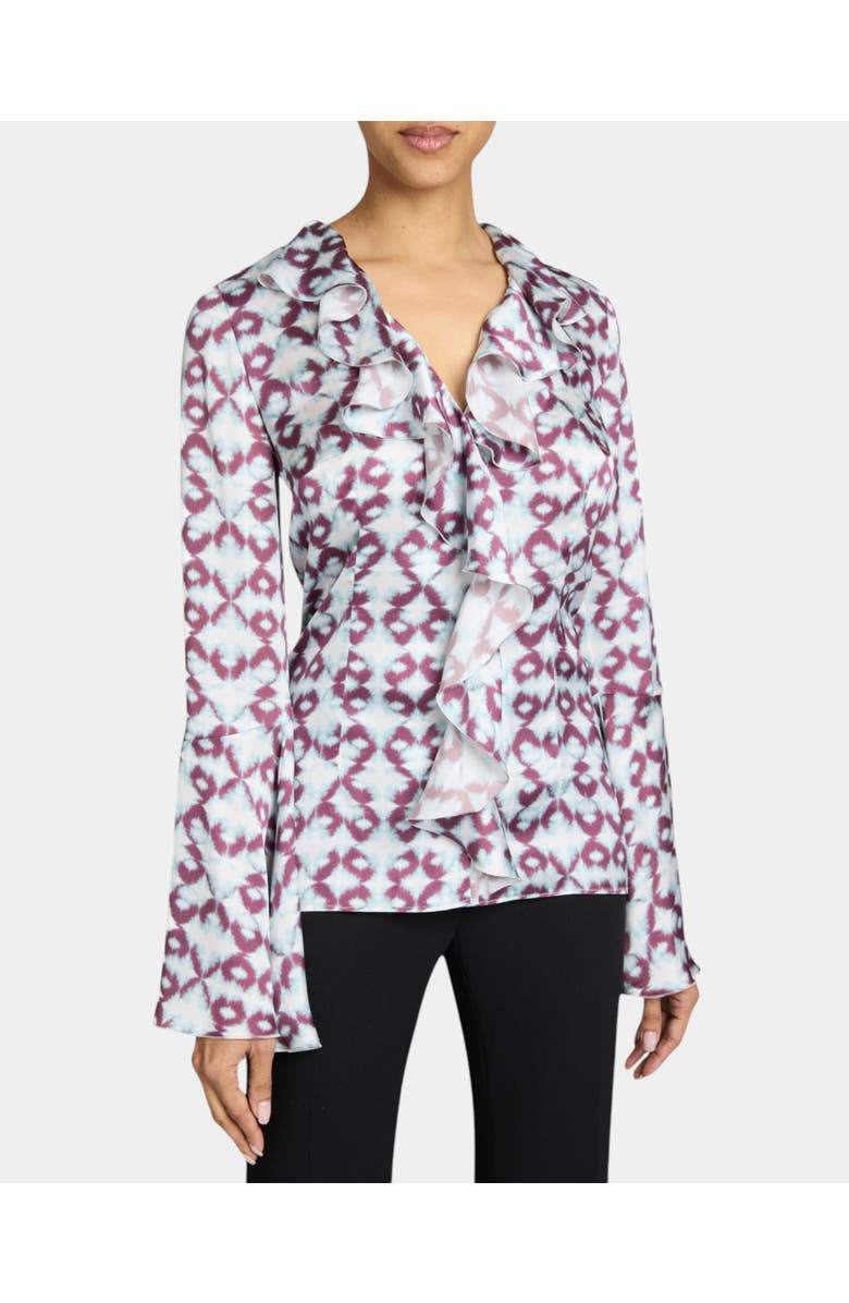 Santorelli SYDNEY Long Sleeve Button Down Blouse with Ruffles in Graphic Printed Charmeuse, Main, color, 