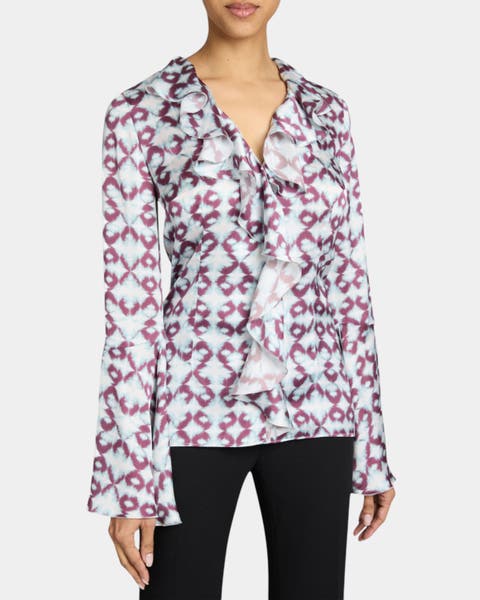 SYDNEY Long Sleeve Button Down Blouse with Ruffles in Graphic Printed Charmeuse