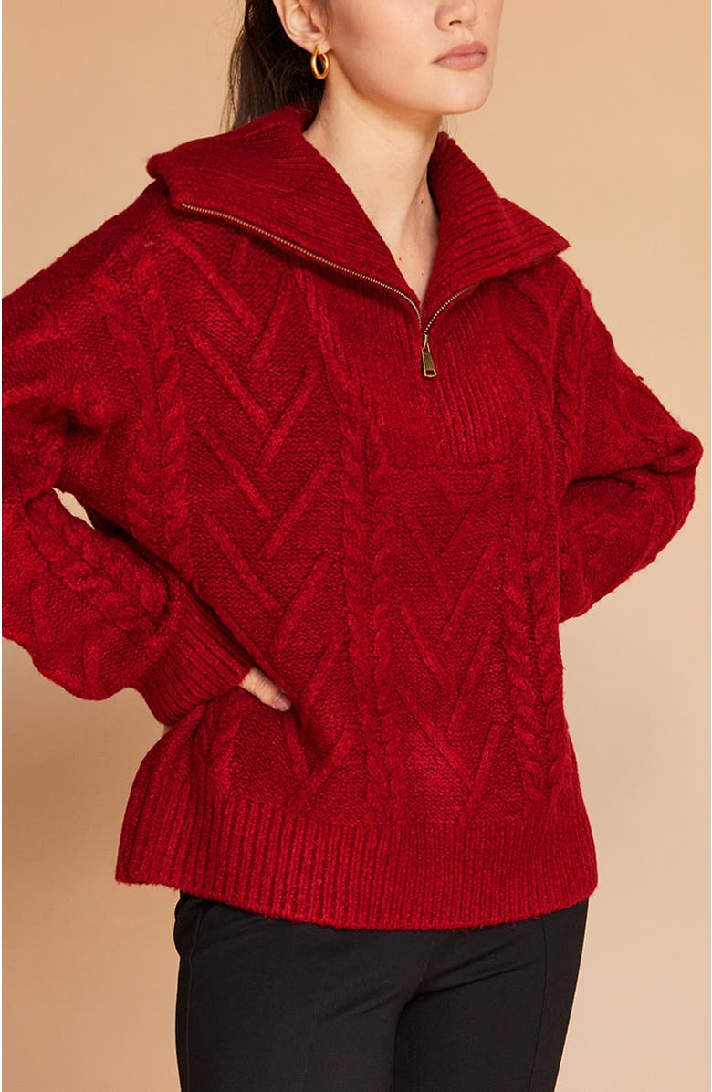 CRESCENT Front Zip Chunky Cable Knit Sweater, Alternate, color, Ruby