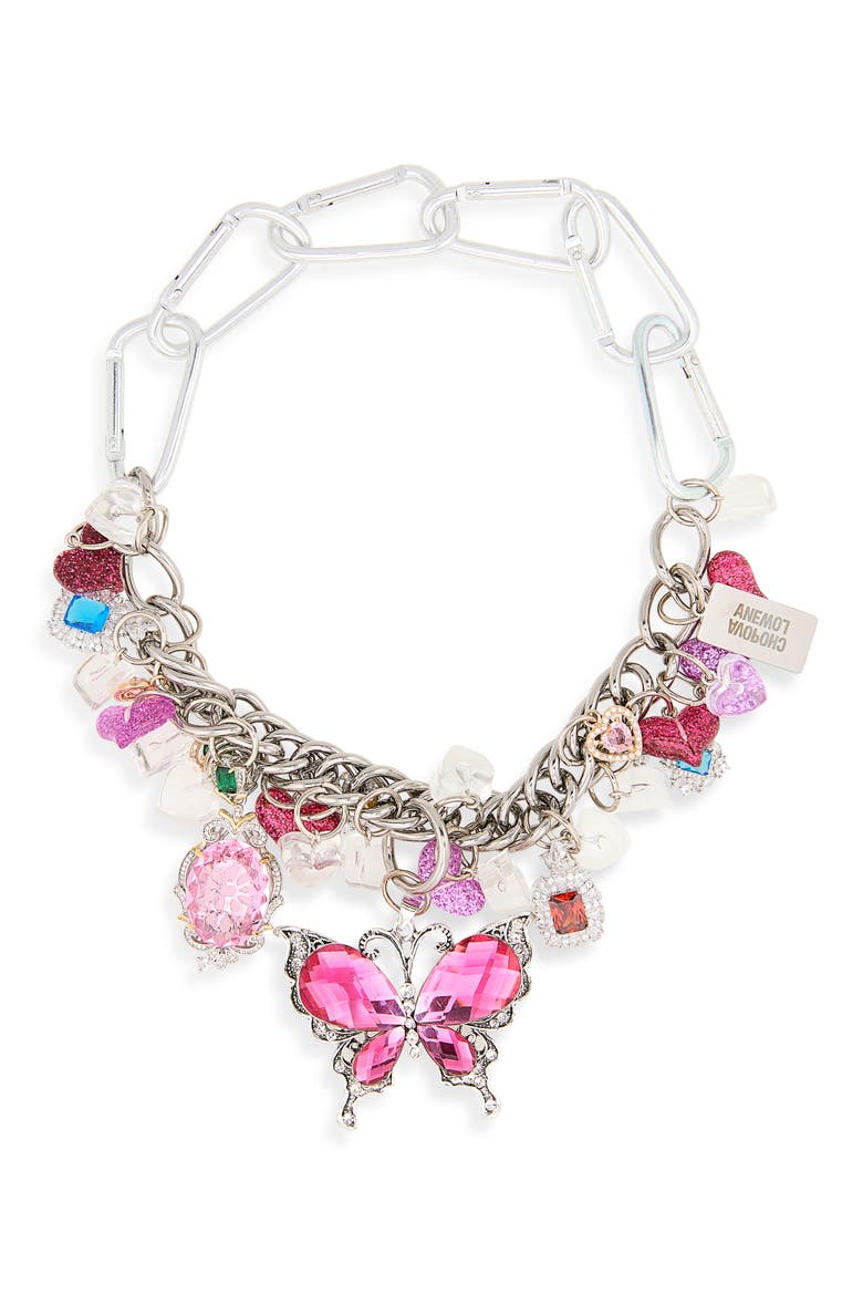Fly My Love Crystal Butterfly Carabiner Charm Necklace, Main, color, PINK