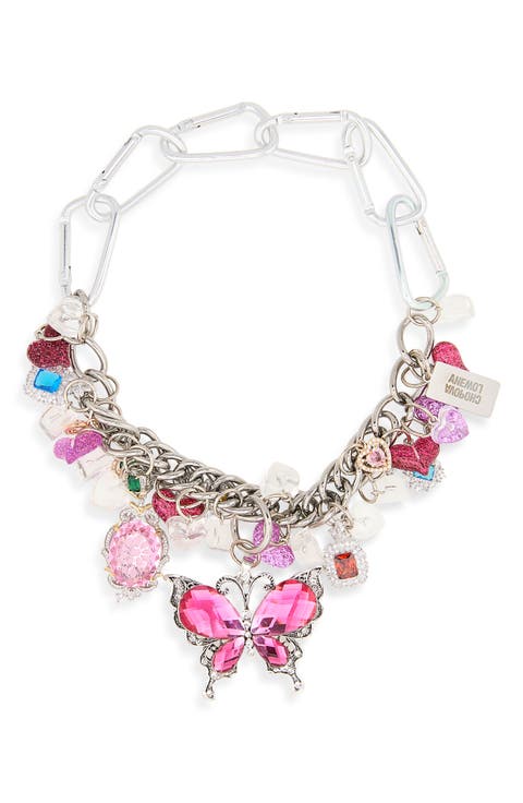 Fly My Love Crystal Butterfly Carabiner Charm Necklace