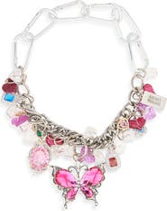 Chopova Lowena Fly My Love Crystal Butterfly Carabiner Charm Necklace