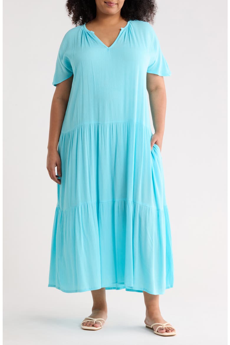 Short Sleeve Tiered Maxi Dress, Main, color, AQUA