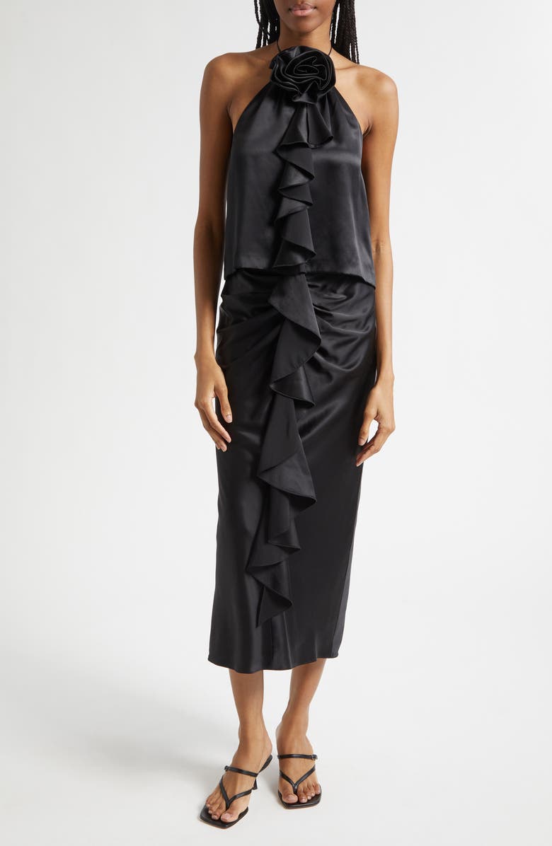 Cinq à Sept Cynthia Ruffle Ruched Silk Midi Skirt, Alternate, color, Black
