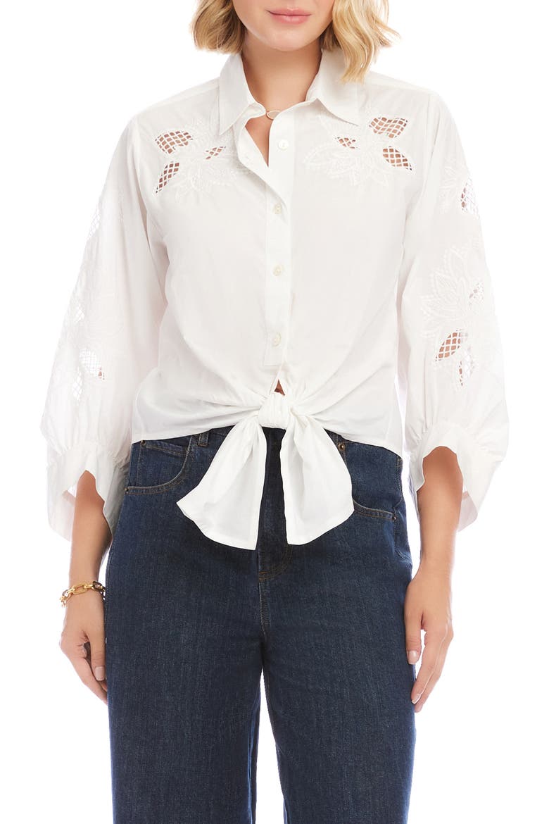Eyelet Embroidery Tie Front Shirt, Main, color, WHITE