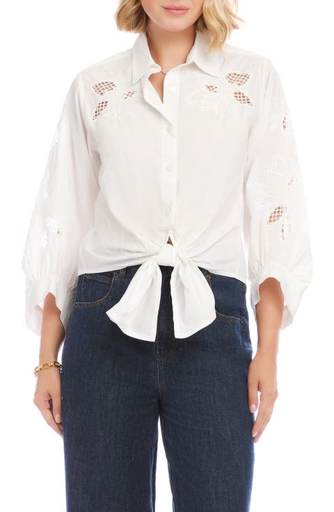 Eyelet Embroidery Tie Front Shirt