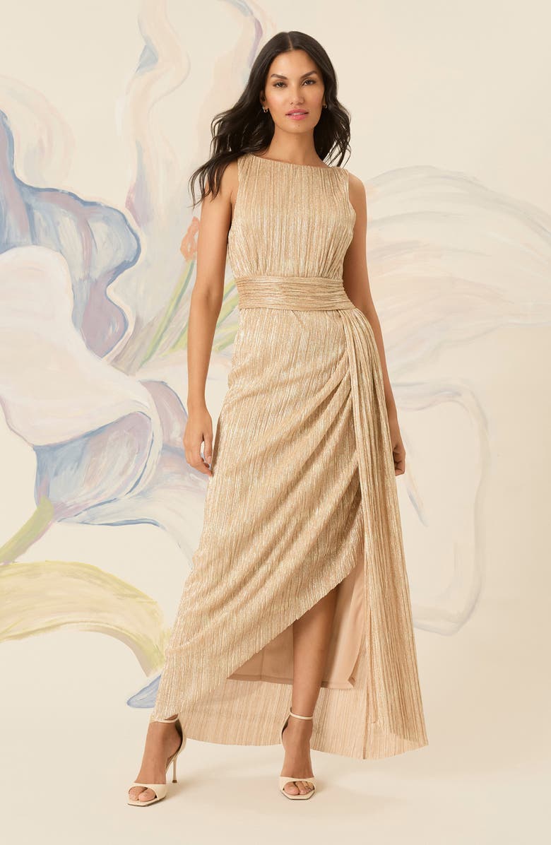 Maggy London Textured Metallic Side Ruched Gown, Alternate, color, Gold