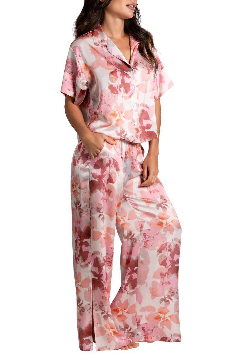 Midnight Bakery Shadow Leaf Print Short Sleeve Satin Pajamas, Alternate, color, 