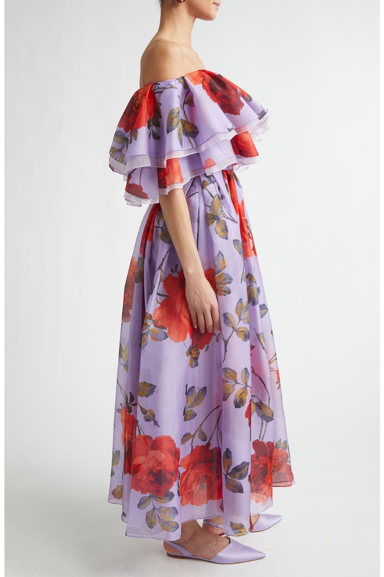 Rose Print Off the Shoulder Silk Organza Midi Dress, Alternate, color, VIOLETA MULTI