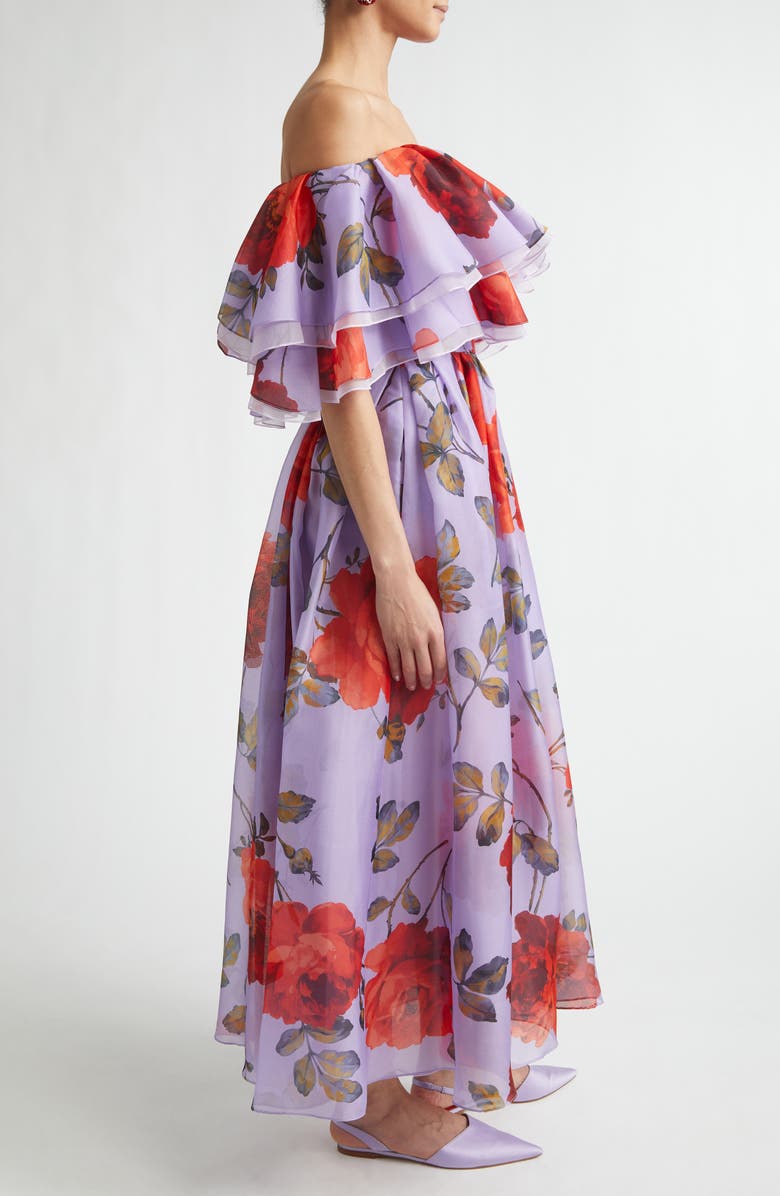 Carolina Herrera Rose Print Off the Shoulder Silk Organza Midi Dress, Alternate, color, Violeta Multi