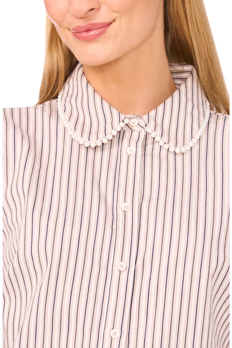 Faux Pearl Detail Stripe Cotton Button-Up Shirt, Alternate, color, SAFARI
