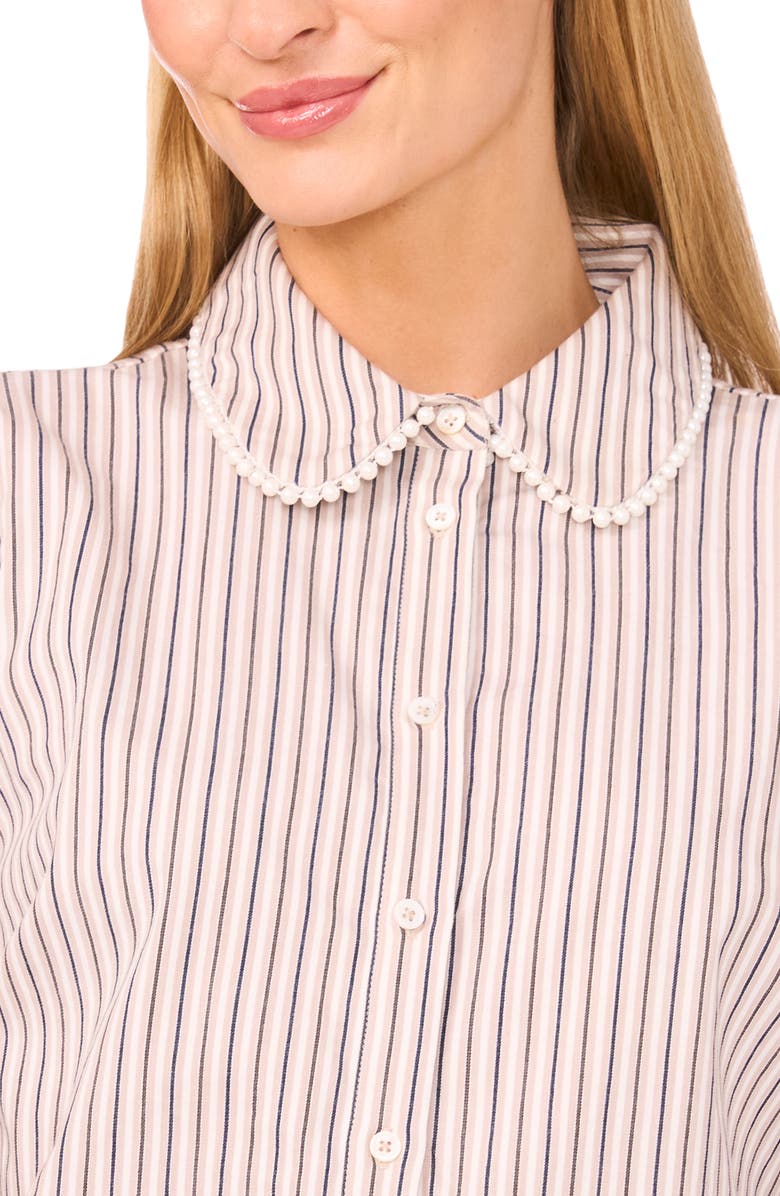 CeCe Faux Pearl Detail Stripe Cotton Button-Up Shirt, Alternate, color, Safari