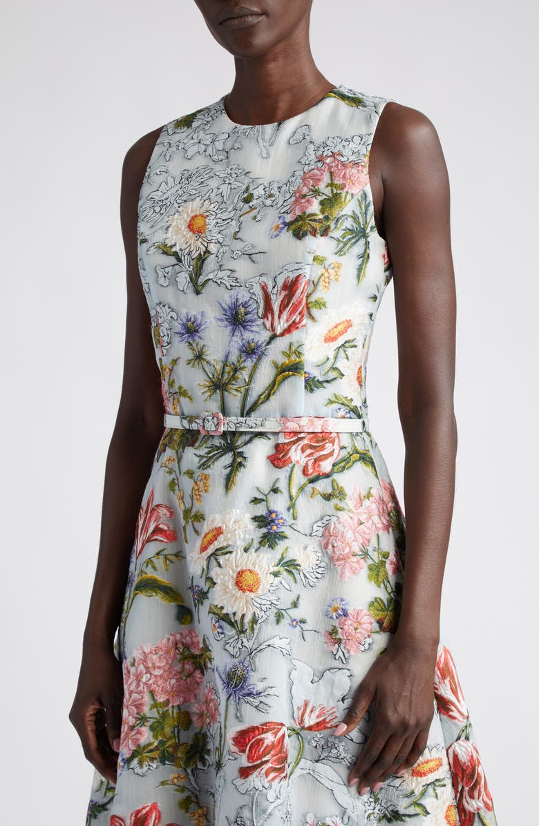 Oscar de la Renta Floral Sleeveless Belted Fil Coupé Cocktail Dress, Alternate, color,