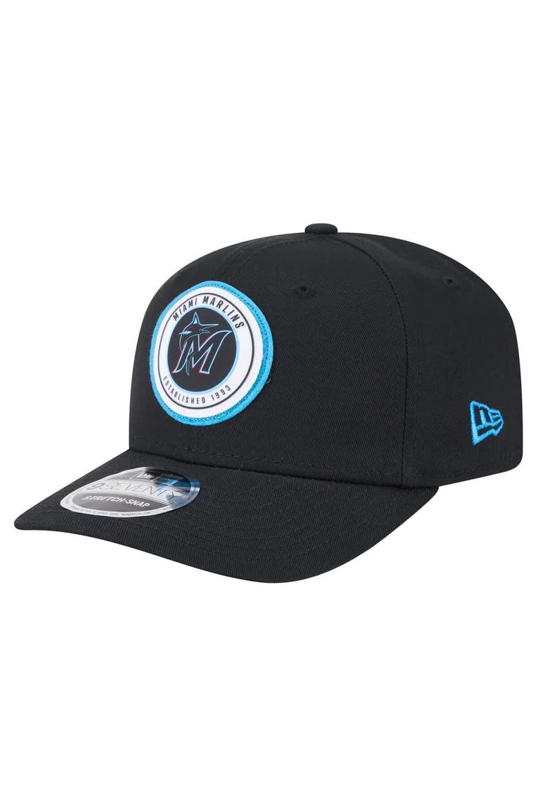 Men's New Era Black Miami Marlins Circle Patch 9SEVENTY Stretch-Snap Hat, Main, color, Black