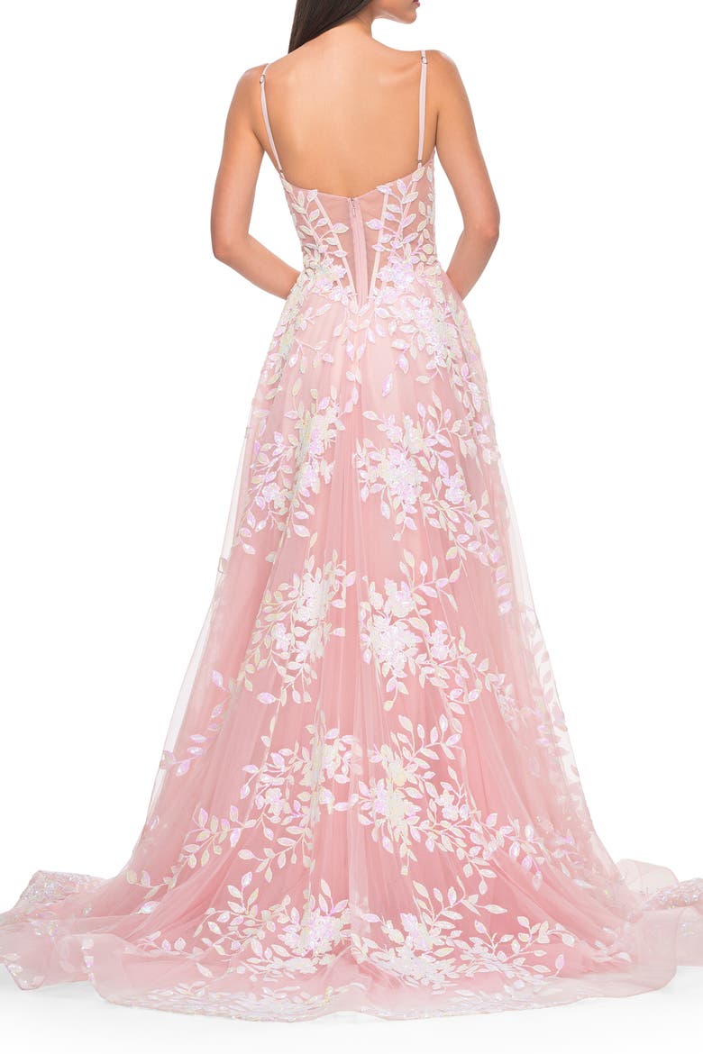 Sequin Lace Print Tulle A-Line Prom Dress with Illusion Bodice, Alternate, color, Pink
