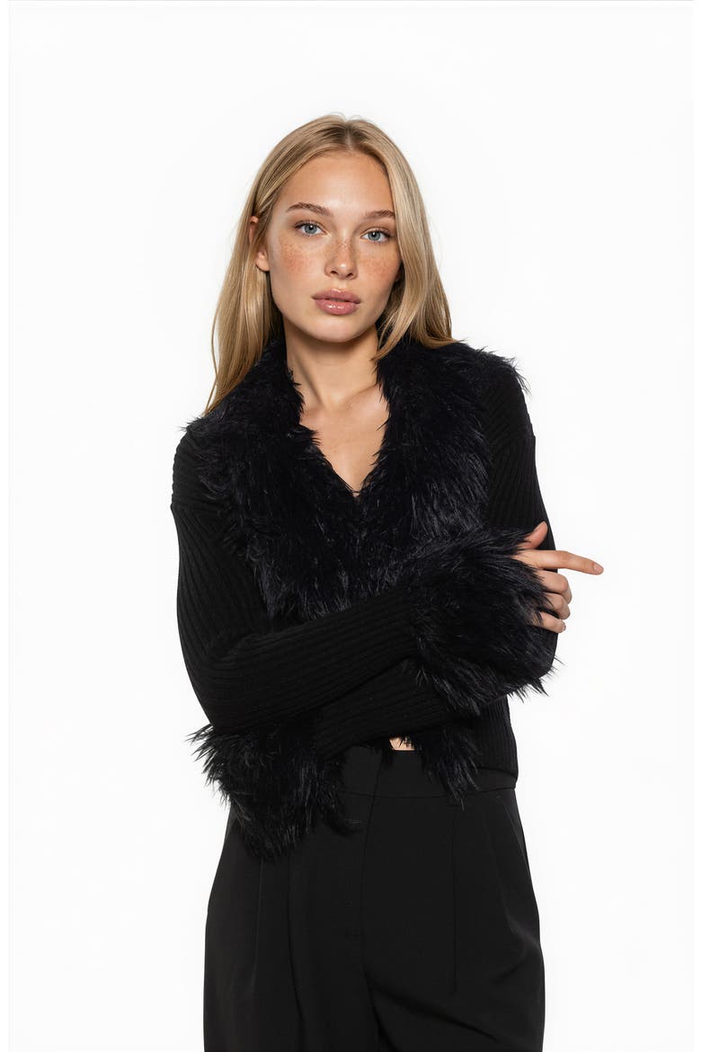 Kennedy Faux Fur Trim Sweater, Alternate, color, BLACK