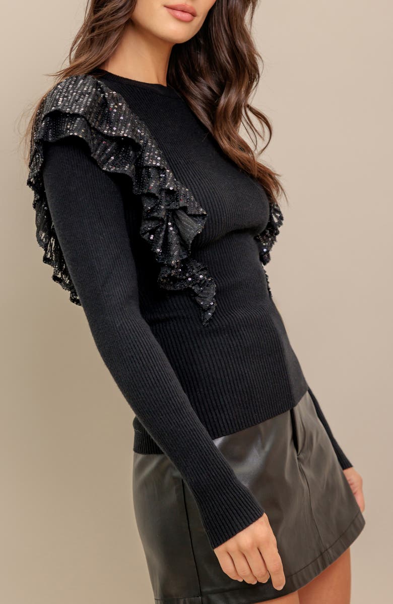 FLYING TOMATO Sequin Ruffle Shoulder Knit Sweater, Alternate, color, Black
