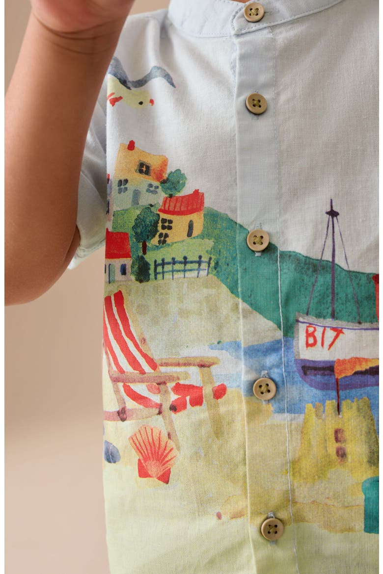 Kids' Seaside Print Grandad Collar Short Sleeve Button-Up Shirt, Alternate, color, BLUE